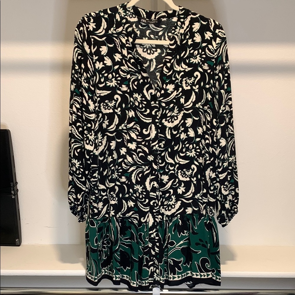 ZARA Floral Black and Green Women's Dress